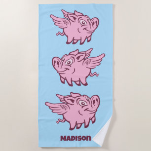 Custom Name Flying Pigs Beach Towel