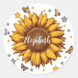 Custom name for girl retro sunflower gift classic round sticker