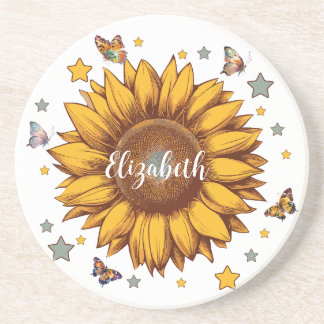 Custom name for girl retro sunflower gift coaster