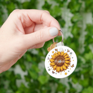 Custom name for girl retro sunflower gift key ring