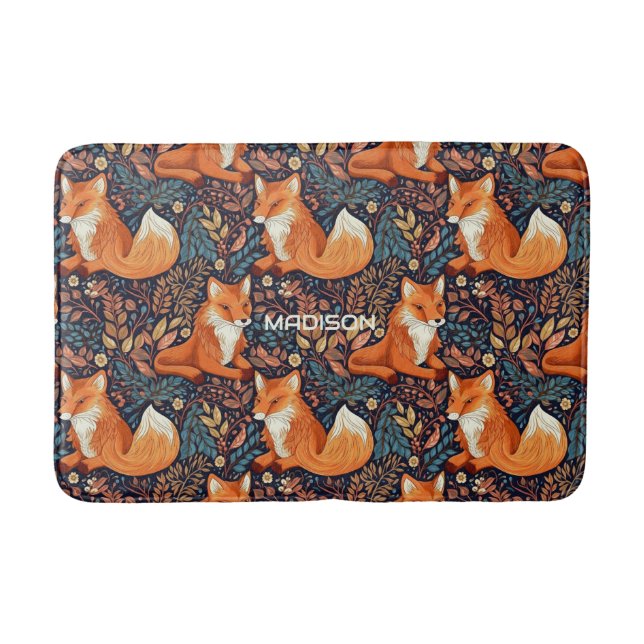 Custom Name Foxes and Leafs Pattern Bath Mat (Front)