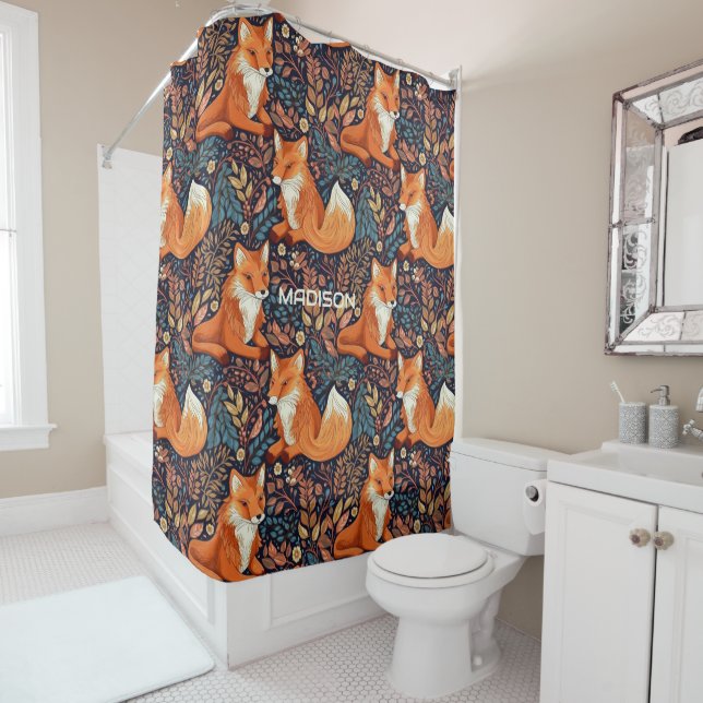 Custom Name Foxes and Leafs Pattern Shower Curtain (In Situ)