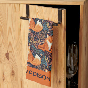 Custom Name Foxes and Leafs Pattern Tea Towel