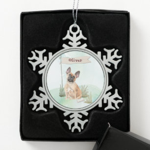Custom Name French Bulldog Pet Dog Snowflake Pewter Christmas Ornament