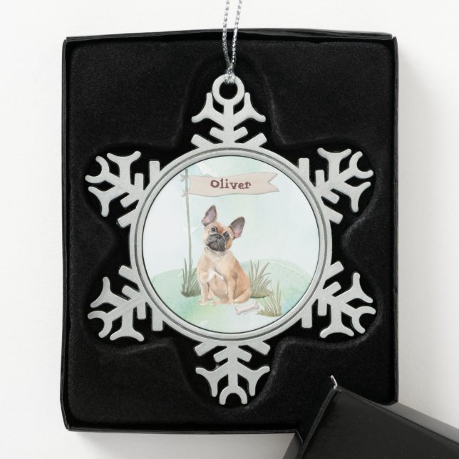 Custom Name French Bulldog Pet Dog Snowflake Pewter Christmas Ornament (Box)