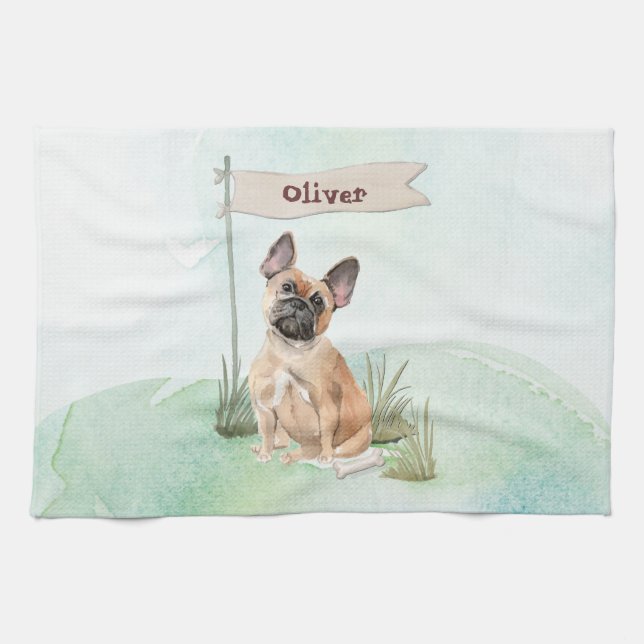 Custom Name French Bulldog Pet Dog Tea Towel (Horizontal)