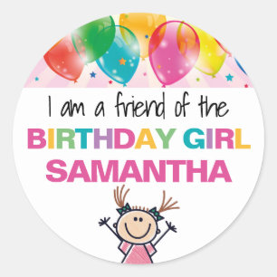 Custom Name Friend of Birthday Girl  Classic Round Sticker