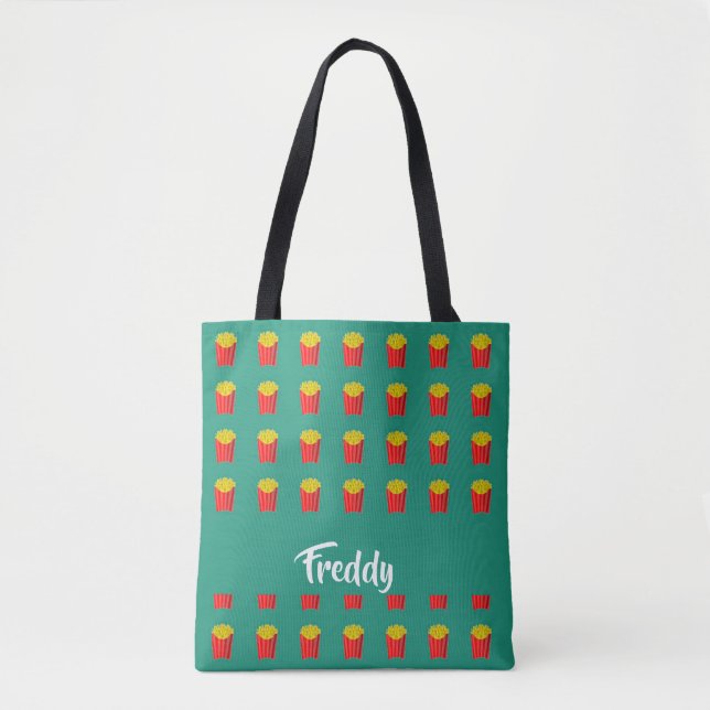 Custom name fries on teal tote bag (Front)