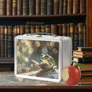 Custom Name Frog on a log reading a book Metal Lunch Box