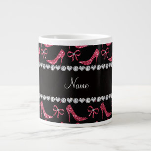 Custom name fuchsia pink glitter high heels bow large coffee mug