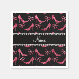Custom name fuchsia pink glitter high heels bow napkin