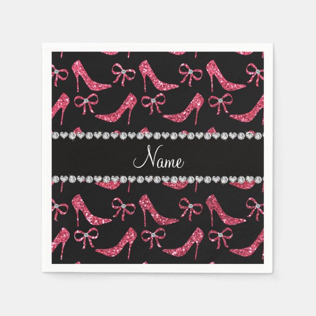 Custom name fuchsia pink glitter high heels bow napkin (Front)