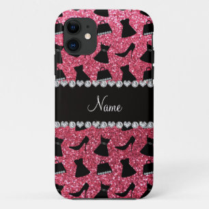 Custom name fuchsia pink glitter high heels dress iPhone 11 case