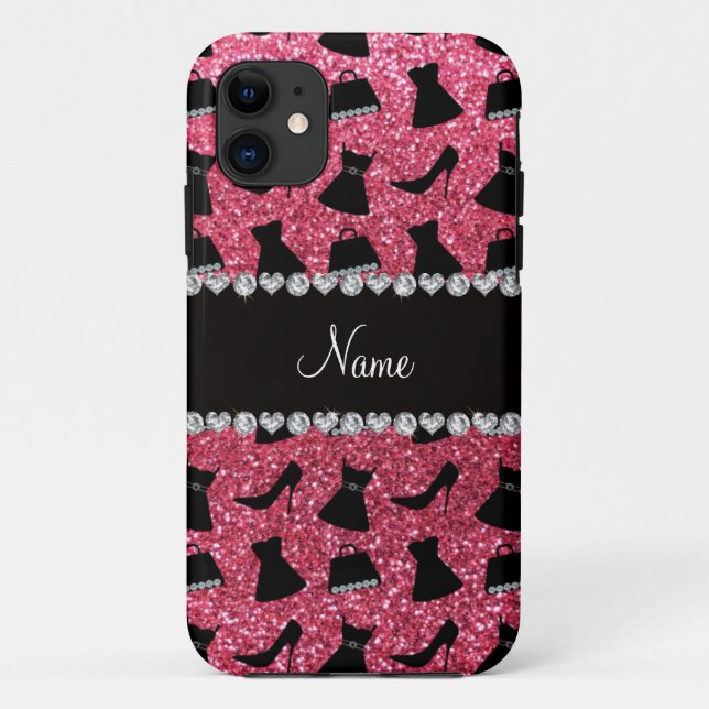 Custom name fuchsia pink glitter high heels dress Case-Mate iPhone case (Back)