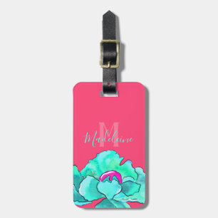 Custom Name Fuchsia & Teal Poppy Flower Watercolor Luggage Tag