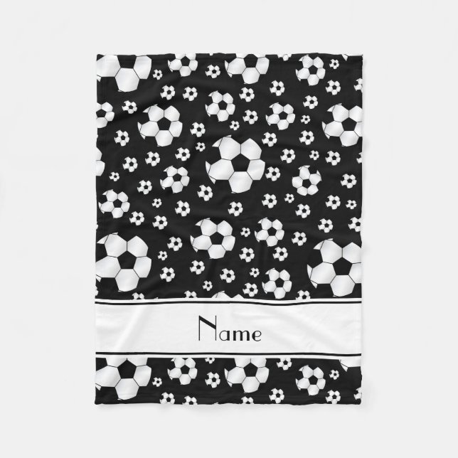 Custom name fun black soccer balls white stripe fleece blanket (Front)