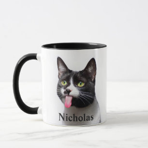 Custom Name Fun Black White Cat Kitten Pet Mug