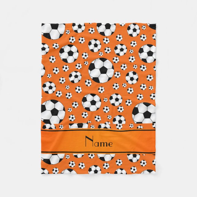 Custom name fun orange soccer balls orange stripe fleece blanket (Front)