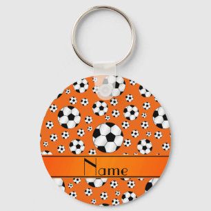 Custom name fun orange soccer balls orange stripe key ring