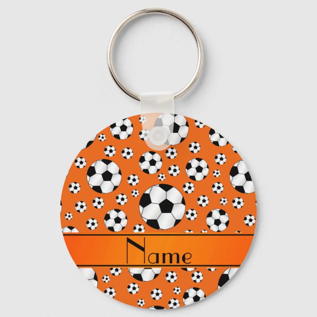 Custom name fun orange soccer balls orange stripe key ring (Front)