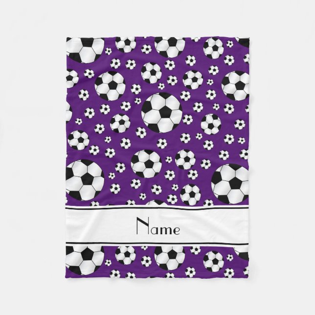 Custom name fun purple soccer balls white stripe fleece blanket (Front)