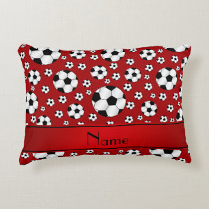 Custom name fun red soccer balls red stripe decorative cushion