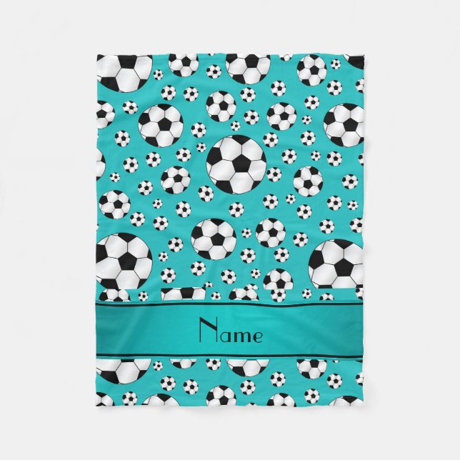 Custom name fun turquoise soccer balls and stripe fleece blanket (Front)