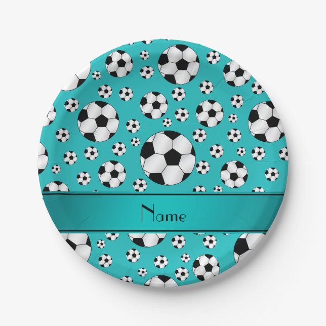 Custom name fun turquoise soccer balls and stripe paper plate (Front)