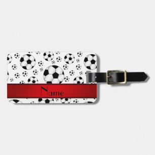 Custom name fun white soccer balls red stripe luggage tag