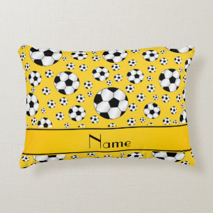 Custom name fun yellow soccer balls yellow stripe decorative cushion