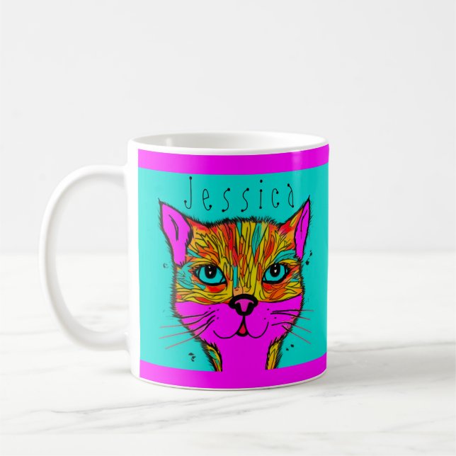 Custom Name Funky Colourful Cat Purple Teal Coffee Mug (Left)