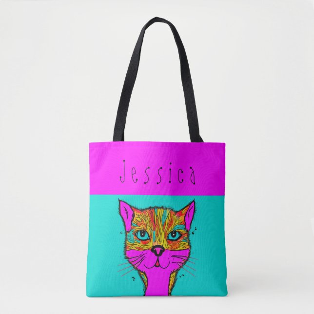Custom Name Funky Colourful Cat Purple Teal Tote Bag (Front)