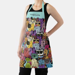 Custom Name Funny Cats Illustration Apron