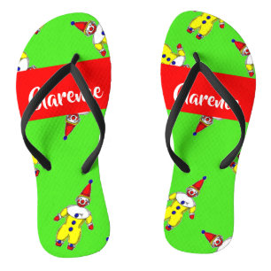 Custom name funny clowns on green flip flops