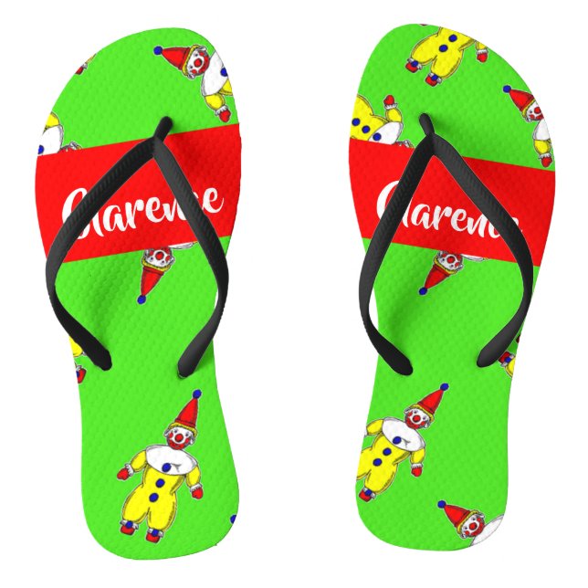 Custom name funny clowns on green flip flops (Footbed)