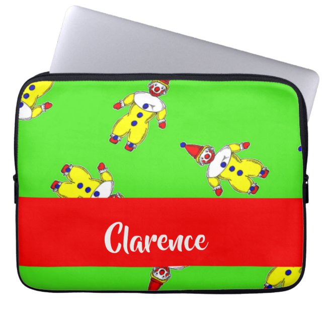 Custom name funny clowns on green laptop sleeve (Front)