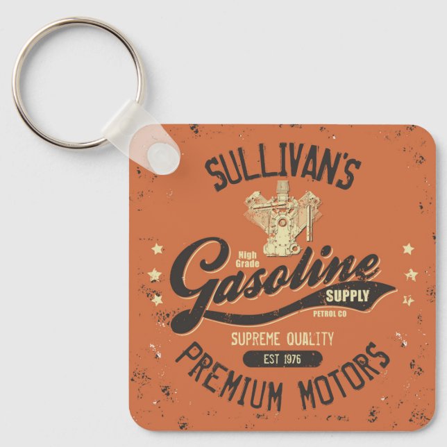 Custom NAME Gasoline Motors Retro Mechanic Garage  Key Ring (Front)