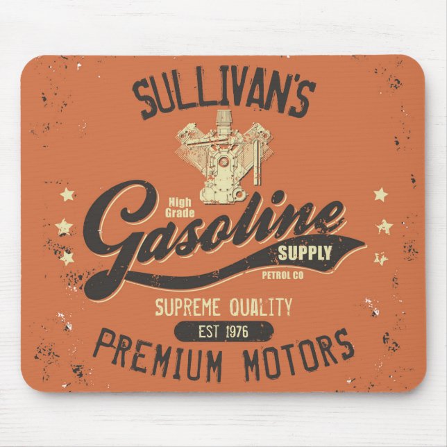 Custom NAME Gasoline Motors Retro Mechanic Garage  Mouse Mat (Front)