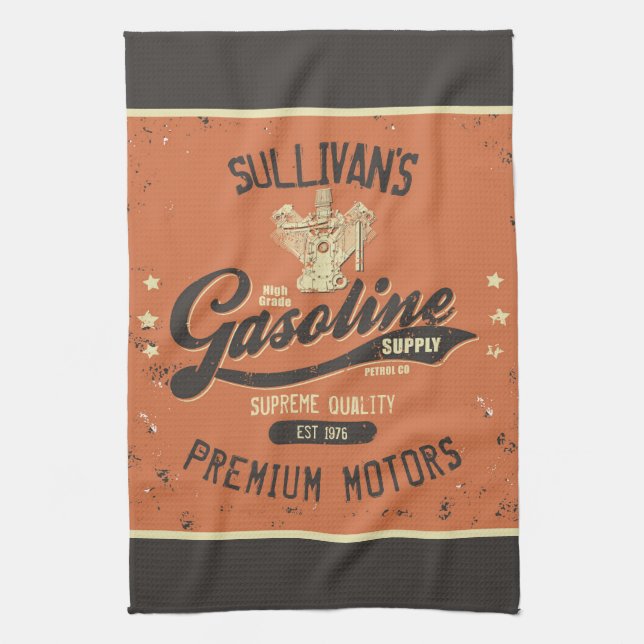 Custom NAME Gasoline Motors Retro Mechanic Garage  Tea Towel (Vertical)