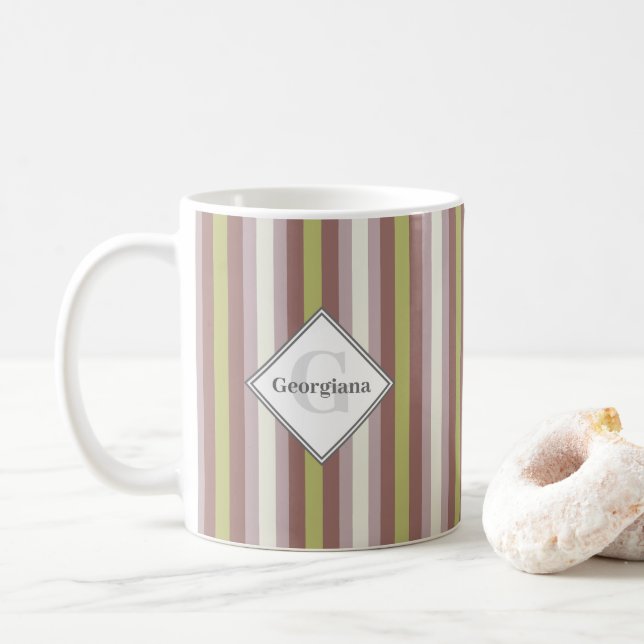 Custom Name Geometric Warm Neutral Candy Stripes Coffee Mug (With Donut)