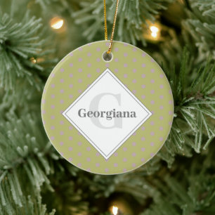 Custom Name Geometric Warm Neutral Polka Dot Stars Ceramic Tree Decoration