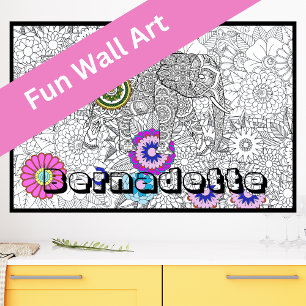 Custom Name Giant Elephant Floral Colouring Poster