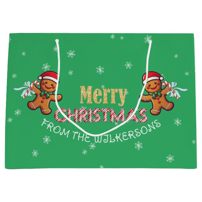 Custom Name Gingerbread Man Merry Christmas Large Gift Bag (Front)
