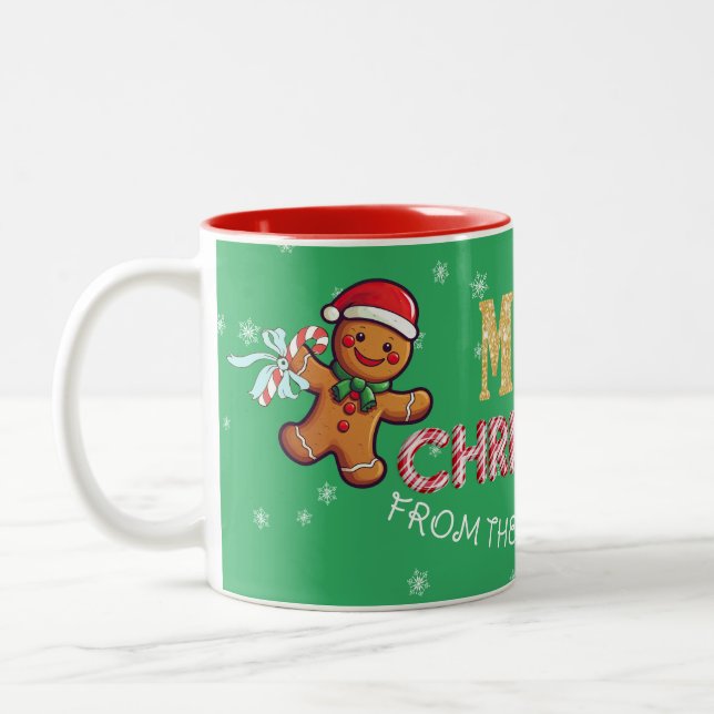 Custom Name Gingerbread Man Merry Christmas Two-Tone Coffee Mug (Left)