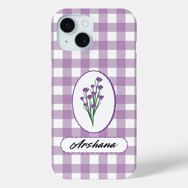 Custom Name Gingham Flower Bouquet iPhone 15 Case (Back)