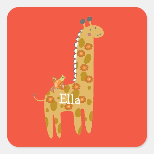  Custom Name Giraffe Bird & Flowers Gold Orange Square Sticker (Front)