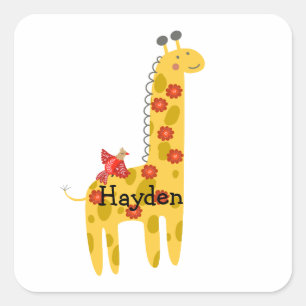 Custom Name Giraffe & Bird Flowers Yellow Red Square Sticker