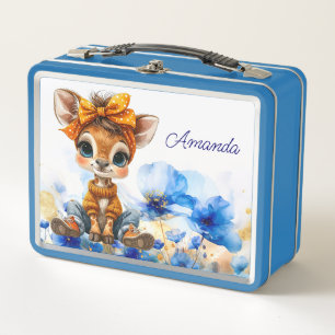 Custom Name Giraffe polka dot bow blue poppies Metal Lunch Box