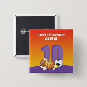 Custom Name Girl 10th Birthday Sports Balls 15 Cm Square Badge