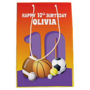 Custom Name Girl 10th Birthday Sports Balls Medium Gift Bag